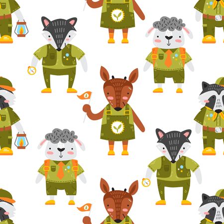 Pattern with baby animals in scout uniformのイラスト素材