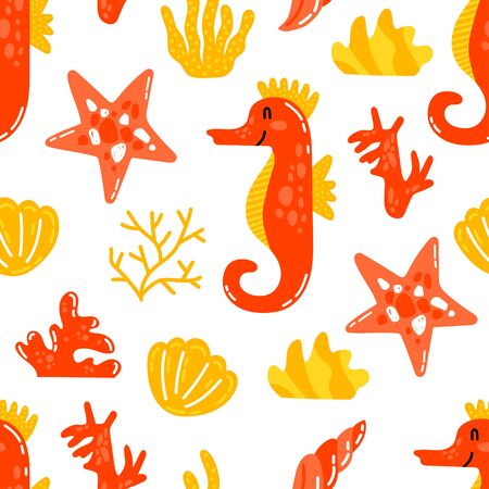 Cute nautical illustration. Seamless vector pattern with cute seahorse and coralsのイラスト素材