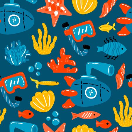 Cute nautical illustration. Seamless vector pattern with cute submarine and corals. Underwater worldのイラスト素材