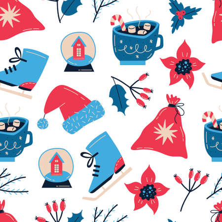 Seamless vector pattern with hand drawn Christmas elementsのイラスト素材