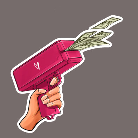 Illustration of a hand holding a gun with money in it. Sticker. Vector illustration for your design.のイラスト素材
