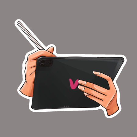 Hand holding a tablet pc with a heart on the screen. Vector illustration.のイラスト素材