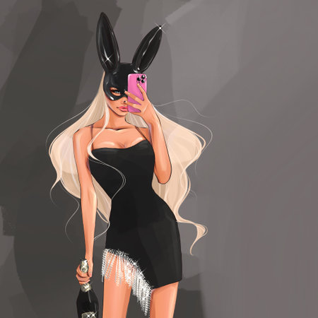 Easter bunny girl with long hair and black dress. Vector illustration.のイラスト素材