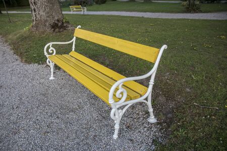 Yellow bench in the parkの写真素材