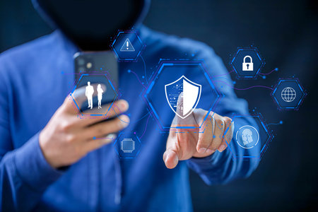 Cyber security, Data protection, information safety and encryption. internet technology and business concept.  Virtual screen with padlock icons.の写真素材