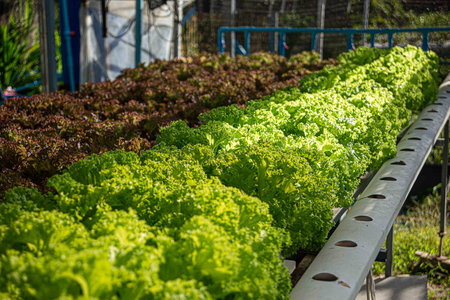 Fresh green and red oak lettuce field in agriculture farming. Organic salad plants, close up hydroponic vegetable leaves for health food, greenhouse, farmer. Hydroponic garden in water, without soil.の写真素材