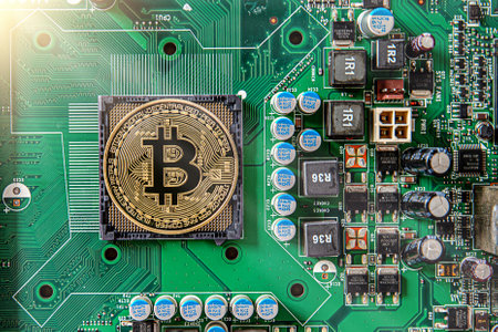 Close up of golden Bitcoin coins on electronic circuit board use for Cryptocurrency Business ,...