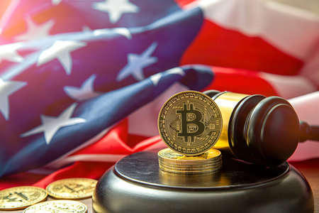 Bitcoin regulation. BTC cryptocurrency coin and judge gavel on a desk. Banned currency or law enforcement concept.の写真素材