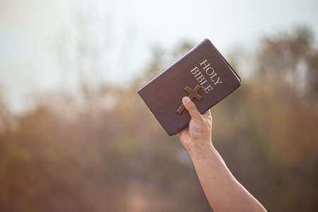 Person holding a Bible in the air