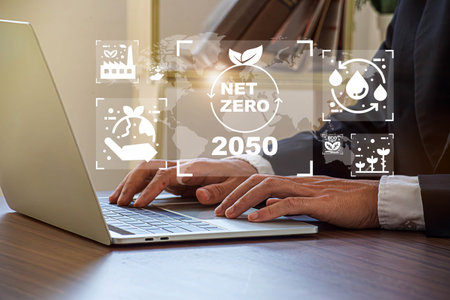 Net zero by 2050. Carbon neutral. Net zero greenhouse gas emissions target.climate neutral long term strategy.No toxic gases, implementing carbon capture and storage technologies. sustainable future.の写真素材