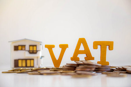Vat Concept.Word vat with stacked coins there is a notebook calculator on the desk.VAT