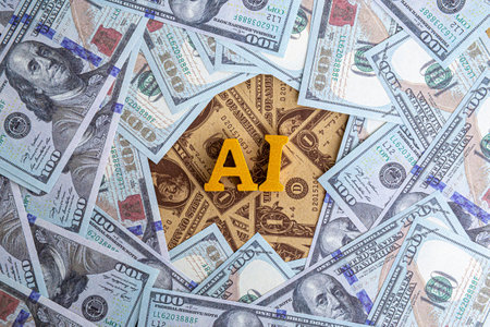 AI and finance concept. Artificial intelligence, stacks of bills 100 US dollars. Making profit money...