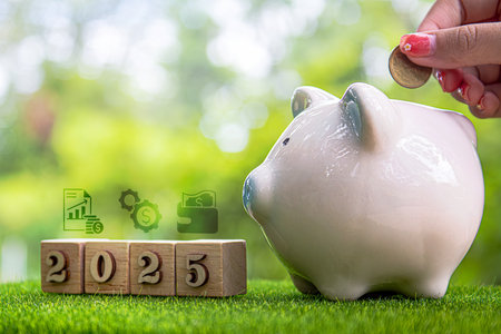 Financial coins stacked with wooden cubes of the year 2025 on a natural background. Piggy bank. New Year 2025 is about finances and saving money.の写真素材