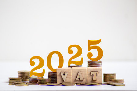 Business and tax concept. Wooden blocks spelling out "TAX 2025," surrounded by coins and a calculator. Tax deduction planning. Financial research, government taxes and calculation tax return.の写真素材