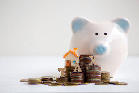 Real Estate Interest Rate and dividends. Coin with up arrow, percent and money symbol with home model. Home, land and building loans Real estate business Investment income Mortgage.Home Tax.の写真素材
