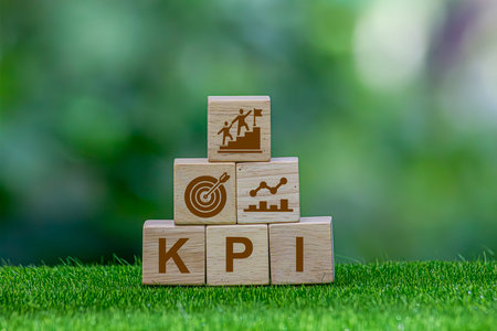 OKR Objectives, Key and Results wooden blocks on green nature background business goals and drive business and performance Focus on the goal Project management Achieve business growthの写真素材