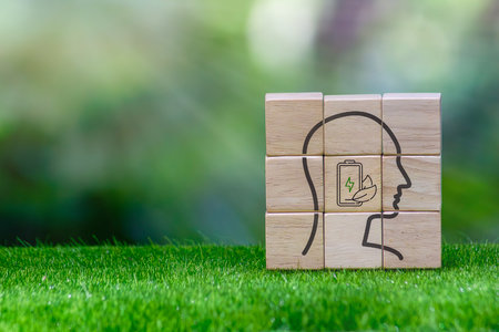 Fully motivated and enthusiastic mental health worker. Support mental health in the workplace. Take care of your employees. Motivation. Professionalism. Productivity. Enthusiasm. Battery full power levelの写真素材