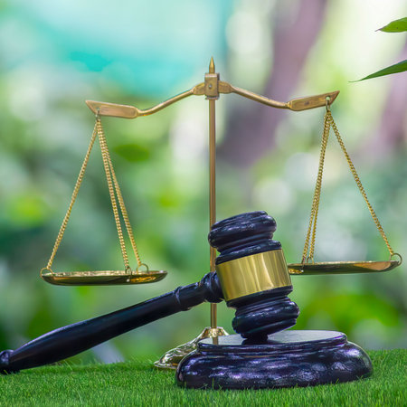 Environment Law. Green World and gavel with scales of justice on the green. law for principles of sustainable environmental conservation. law that governs how humans interact with their environmentの写真素材