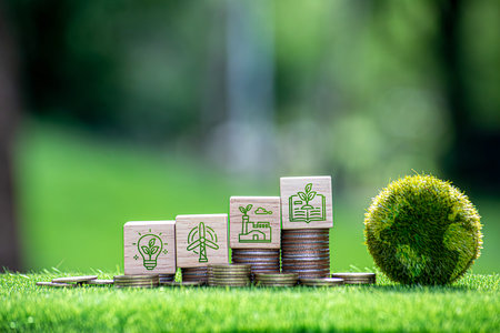 Carbon credit and CO2 emission reduction concept. Wooden cubes with CO2 icon on stack of silver...
