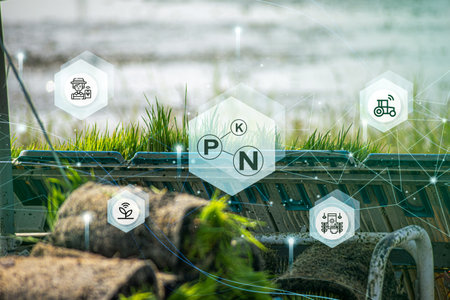 Smart agriculture with modern technology for sustainable practices. Rice farm. Smart farming concept. Sustainable agriculture. Precision agriculture. Climate monitoring. Farm management system.の写真素材