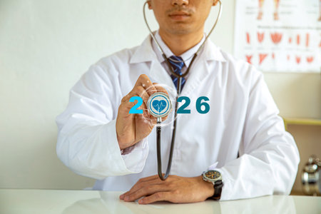 2026 Happy New Year for health care. health insurance concept, doctor hand holding wooden cube with...