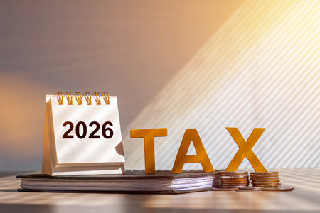 Tax and Vat 2026 Concept.Tax wooden letters on wooden cubes with 2026 on coins. income tax online...