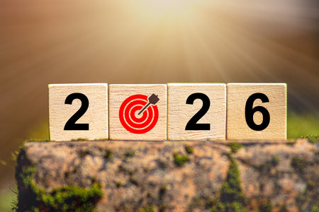 2026 new year goal plan action. Goal achievement. Ambition aiming success. Setup objective target...