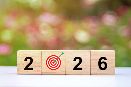 2026 new year goal plan action. Goal achievement. Ambition aiming success. Setup objective target...