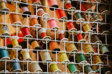 multicolored threads and ribbons. Background for the store selling reels with ribbons. materials for...