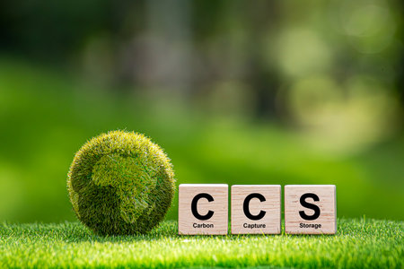 Symbol CCS  for Carbon Capture Storage words CCS on a wood cube on the environmental background. Net...