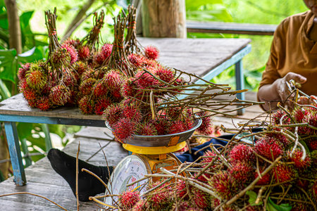 Close up many red rambutan in blue basket. rambutan sweet delicious fruit.background of fresh Thai rambutans. red and green.の写真素材