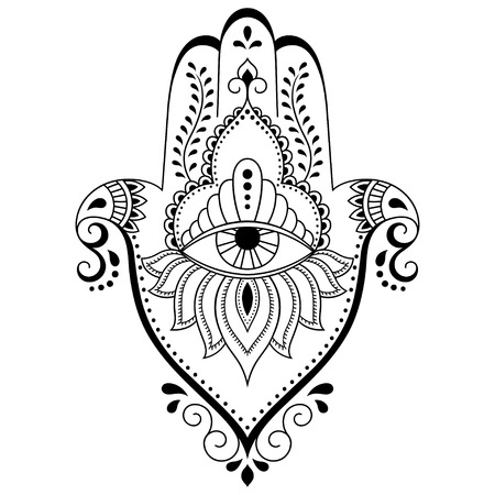 Vector hamsa hand drawn symbol. Decorative pattern in oriental style for the interior decoration and drawings with henna. The ancient symbol of the "Hand of Fatima".のイラスト素材