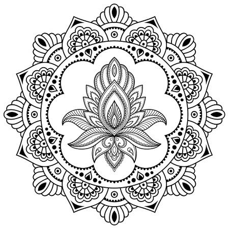 A circular pattern in the form of a mandala. Henna tattoo flower template in Indian style. Ethnic floral paisley - Lotus. Mehndi style. Decorative pattern in oriental style.のイラスト素材