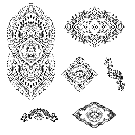Henna tattoo flower template. Mehndi style. Set of ornamental patterns in the oriental style.のイラスト素材
