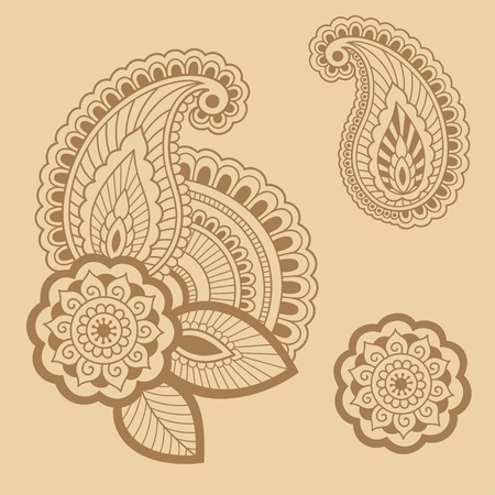 Henna tattoo flower template. Mehndi style. Set of ornamental patterns in the oriental style.のイラスト素材