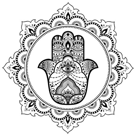 Hamsa hand drawn symbol in mandala. Mehndi style. Decorative pattern in oriental style. For henna tattoos, and decorative design documents and premises.のイラスト素材