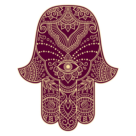 Color hamsa hand drawn symbol. Decorative pattern in oriental style for the interior decoration and drawings with henna. The ancient symbol of theのイラスト素材