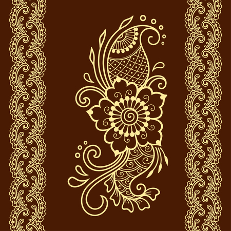Henna tattoo flower template and seamless border. Mehndi style. Set of ornamental patterns in the oriental style.のイラスト素材