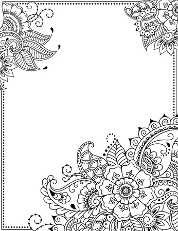 Stylized with henna tattoos decorative pattern for decorating covers for book, notebook, casket, magazine, postcard and folder. Flower pattern in mehndi style. Frame in the eastern tradition.のイラスト素材