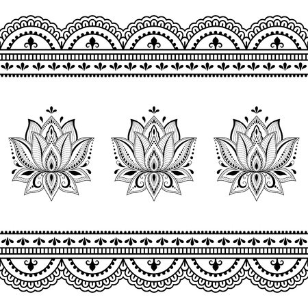 Henna tattoo flower template and seamless border. Mehndi style. Set of ornamental patterns in the oriental style.のイラスト素材