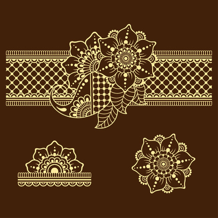 Henna tattoo flower template and border. Mehndi style. Set of ornamental patterns in the oriental style.のイラスト素材