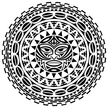 Circular pattern in form of mandala with Thunder-like Tiki is symbol-mask of God. Traditional ornaments of Maori people - Moko style. Vintage decorative tribal border from elements of African theme.のイラスト素材