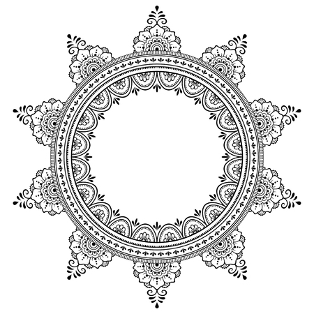 Circular pattern in form of mandala for Henna, Mehndi, tattoo, decoration. Decorative ornament in ethnic oriental style. Coloring book page.のイラスト素材
