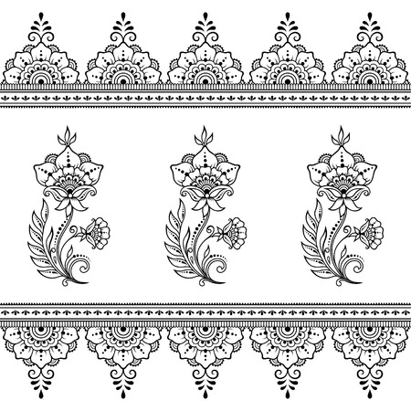 Set of Mehndi flower pattern and seamless border for Henna drawing and tattoo. Decoration in oriental, Indian style.のイラスト素材