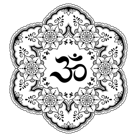 Circular pattern in form of mandala for Henna, Mehndi, tattoo, decoration. Decorative ornament in oriental style with ancient Hindu mantra OM. Coloring book page.のイラスト素材
