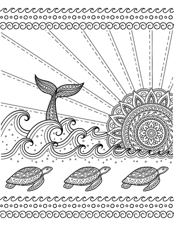 Whale diving into sea against the sunset and seamless wave pattern with floating turtles. Coloring book page antistress - ocean landscape with waves, mandala in form of sun, fish tail.&#xD;&#xA;のイラスト素材
