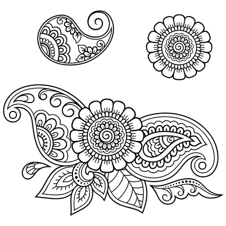 Set of Mehndi flower pattern for Henna drawing and tattoo. Decoration in ethnic oriental, Indian style.のイラスト素材