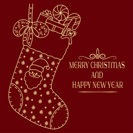 Decorative festive lettering - text greetings Merry Christmas and Happy New Year. Holiday decoration in form of stocking with Santa Claus, toys, gifts, candy, snowflakes, bow. Coloring book page.のイラスト素材