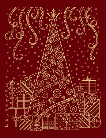 Christmas holiday decoration - tree, gifts, ribbon, ball, toy, star, snow and streamers. Festive atmosphere doodle pattern for New Year postcards.のイラスト素材