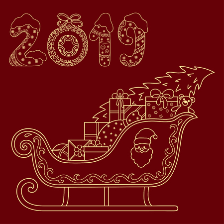 Decorative holiday element for decoration for New Year and Christmas. Lettering number 2019. Festive design - toys, gifts, sleigh and Santa Claus. Coloring book page.のイラスト素材